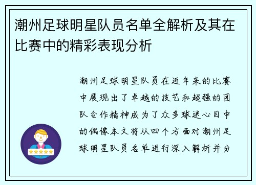 潮州足球明星队员名单全解析及其在比赛中的精彩表现分析